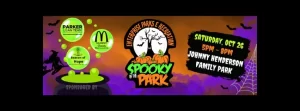 A Halloween-themed banner for "Spooky in the Park" event by Enterprise Parks & Recreation. It features pumpkins, a witch silhouette, and details: Saturday, Oct 26, 5PM-8PM at Johnny Henderson Family Park. Sponsored by Parker Team, McDonald's, and Beacon of Hope.