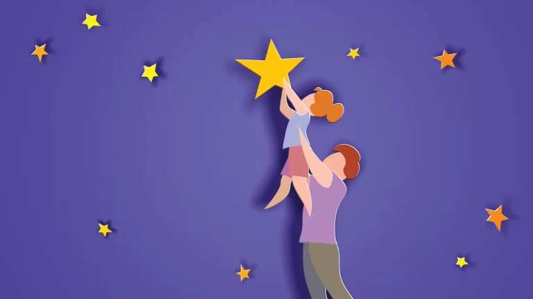 A paper cutout style illustration shows an amazing scene of a person lifting a child toward a large star in a purple sky dotted with smaller stars, capturing the essence of aspiration and support for kids.