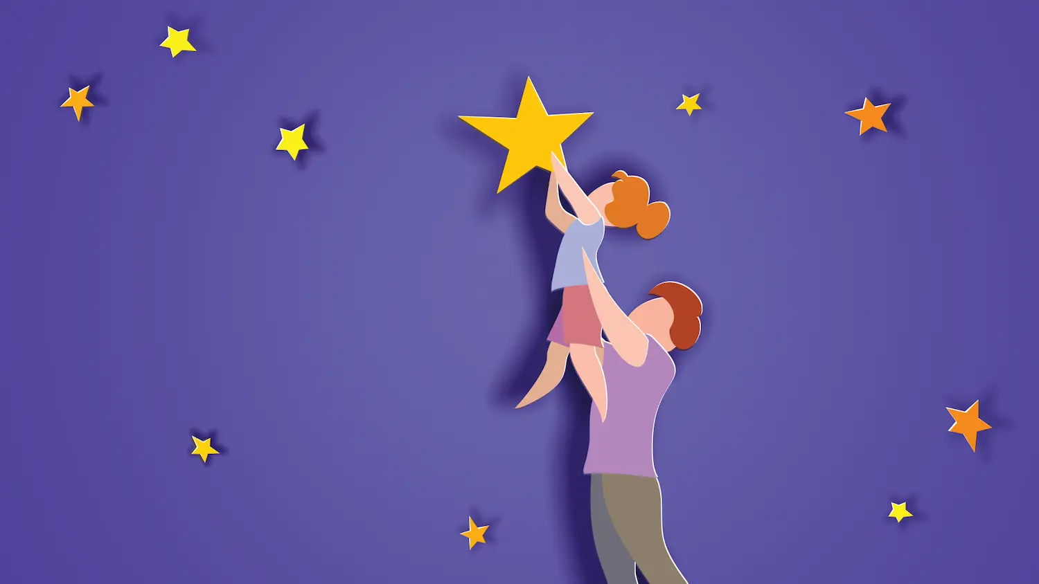 Ilustración de un adulto que levanta a un niño para alcanzar una gran estrella sobre un fondo violeta con estrellas más pequeñas dispersas. Las figuras están estilizadas con formas y colores simples, y representan una sensación de aspiración y apoyo.