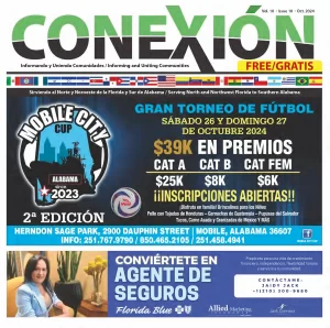 Portada de la revista "Conexión" con el torneo de fútbol Mobile City Cup, con $39.000 en premios, que se llevará a cabo del 26 al 27 de octubre de 2024 en Alabama. Incluye una promoción para convertirse en agente de seguros e información de contacto en la parte inferior.