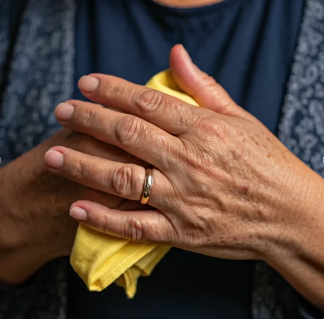 Primer plano de las manos de una persona mayor unidas, que sostiene un paño amarillo. La persona lleva un anillo de bodas en el dedo anular. Está vestida con una camisa azul oscuro y un cárdigan azul estampado. Las manos muestran signos de envejecimiento.