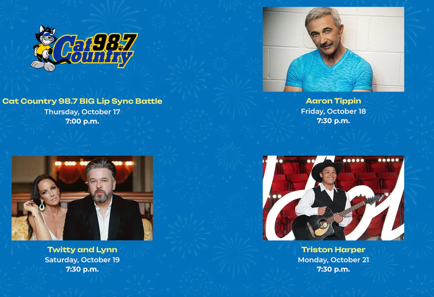 Promotional poster for Cat Country 98.7's events. Includes Aaron Tippin on October 18th, Twitty and Lynn on October 19th, and Triston Harper on October 21st. Features images of each artist against a blue background.