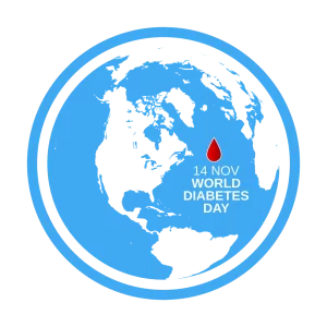 Un contorno circular azul de la Tierra con el texto "14 DE NOVIEMBRE DÍA MUNDIAL DE LA DIABETES" y una gota roja. La gota simboliza la sangre, lo que resalta la importancia de la concienciación sobre la diabetes. El diseño enfatiza la importancia global del Día Mundial de la Diabetes.  