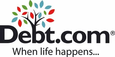 Logo of Debt.com with the slogan "When life happens..." A tree with colorful leaves in blue, green, and red is positioned above the text.