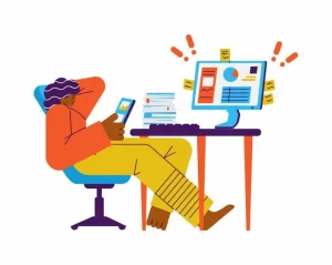 Illustration of a person relaxing in a chair with feet on a desk, holding a phone. A computer with charts and sticky notes is on the desk, alongside stacks of papers. The scene suggests multitasking or a busy work environment.