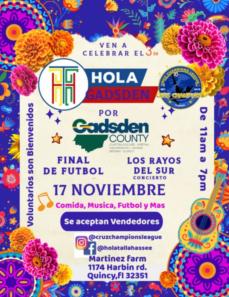 Colorful poster for a November 17 event in Quincy, FL, featuring soccer finals, music, and food from 11 am to 7 pm. Includes logos, social media handles, and an invitation for vendors and volunteers.