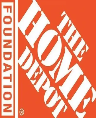 Logo of The Home Depot Foundation. The text "THE HOME DEPOT" is displayed diagonally in large white letters against an orange background, with the word "FOUNDATION" in white letters vertically on the left side.