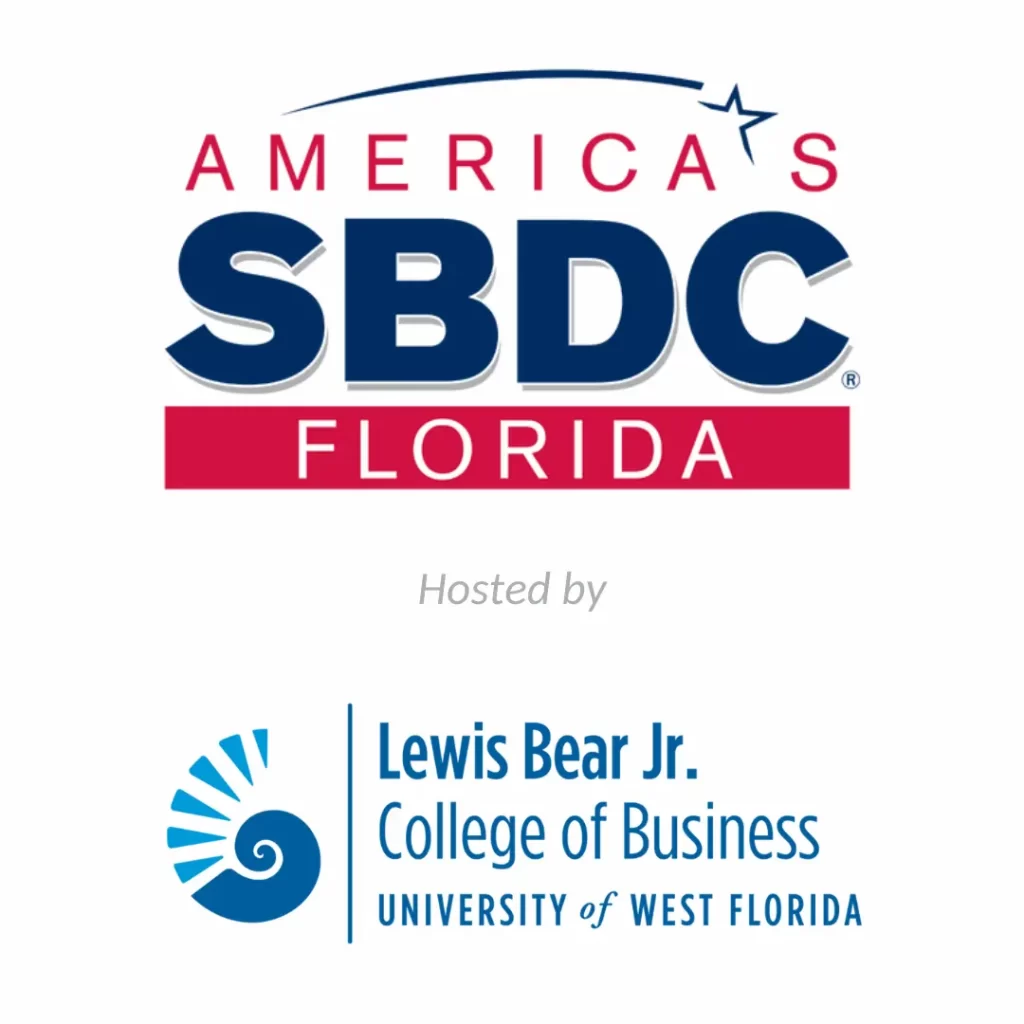 Logo featuring "America's SBDC Florida" with "Hosted by Lewis Bear Jr. College of Business, University of West Florida" below, accompanied by a blue spiral graphic.