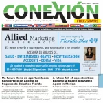 Portada de la revista "Conexión" con anuncios de Allied Marketing Insurance y un artículo sobre cómo convertirse en agente de seguros de salud en Florida. Incluye información de contacto y elementos visuales con textos en español e inglés.