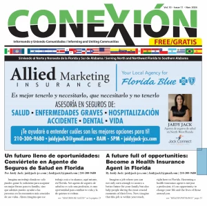 Portada de la revista "Conexión" con anuncios de Allied Marketing Insurance y un artículo sobre cómo convertirse en agente de seguros de salud en Florida. Incluye información de contacto y elementos visuales con textos en español e inglés.