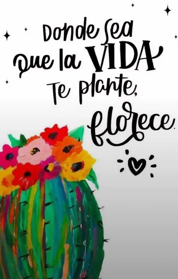 Ilustración de un cactus colorido con flores vibrantes. Sobre él, una frase motivadora en español dice: "Donde sea que la vida te plante, florece". Estrellas decorativas negras y un corazón rodean el texto.