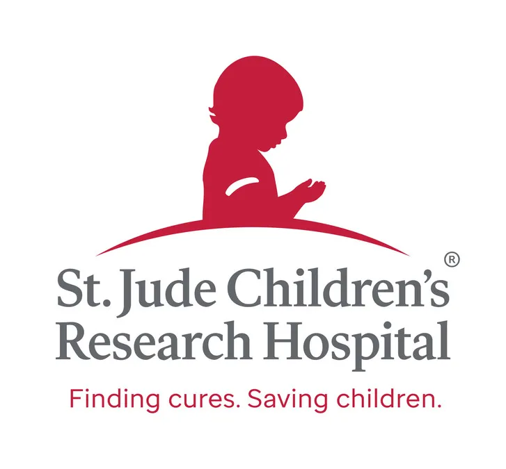 The logo of St. Jude Children's Research Hospital displays a red silhouette of a child praying atop a dome. Below, it proclaims: "St. Jude Children's Research Hospital: Finding cures. Saving children." Your support helps raise money to further their vital mission.