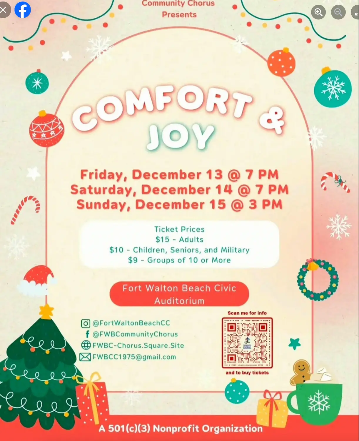 A festive flyer for a "Comfort & Joy" concert by the Community Chorus on December 13-15 at the Fort Walton Beach Civic Auditorium. Ticket prices vary. The flyer features holiday-themed decorations like snowflakes, ornaments, and a Christmas tree.