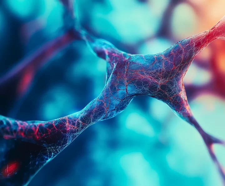 Close-up view of a neural network, reminiscent of the nervous system, with vibrant blue and red fibers interconnected against a soft-focus background, creating an abstract, organic pattern.