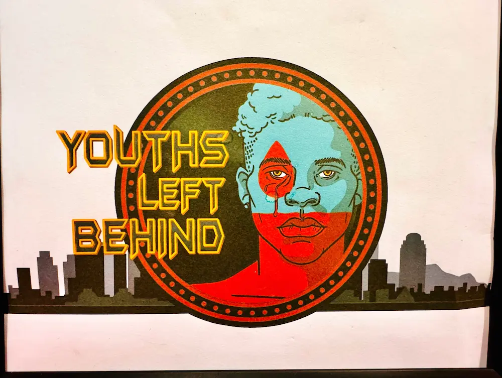 Illustration of a city skyline with a central image of a person's face in red and blue hues. The words "Youths Left Behind" are prominently displayed in yellow text on the left side of the face.