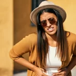 A woman in a brown cardigan and hat stands against a yellow wall, holding her stomach with both hands and expressing discomfort. She wears sunglasses and has long dark hair.