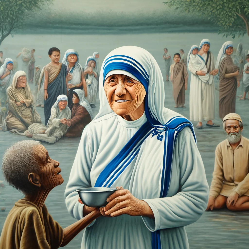 A nun in white and blue attire stands smiling, holding a bowl. An elderly person reaches toward her. In the background, several people in similar attire interact, with trees and water visible.