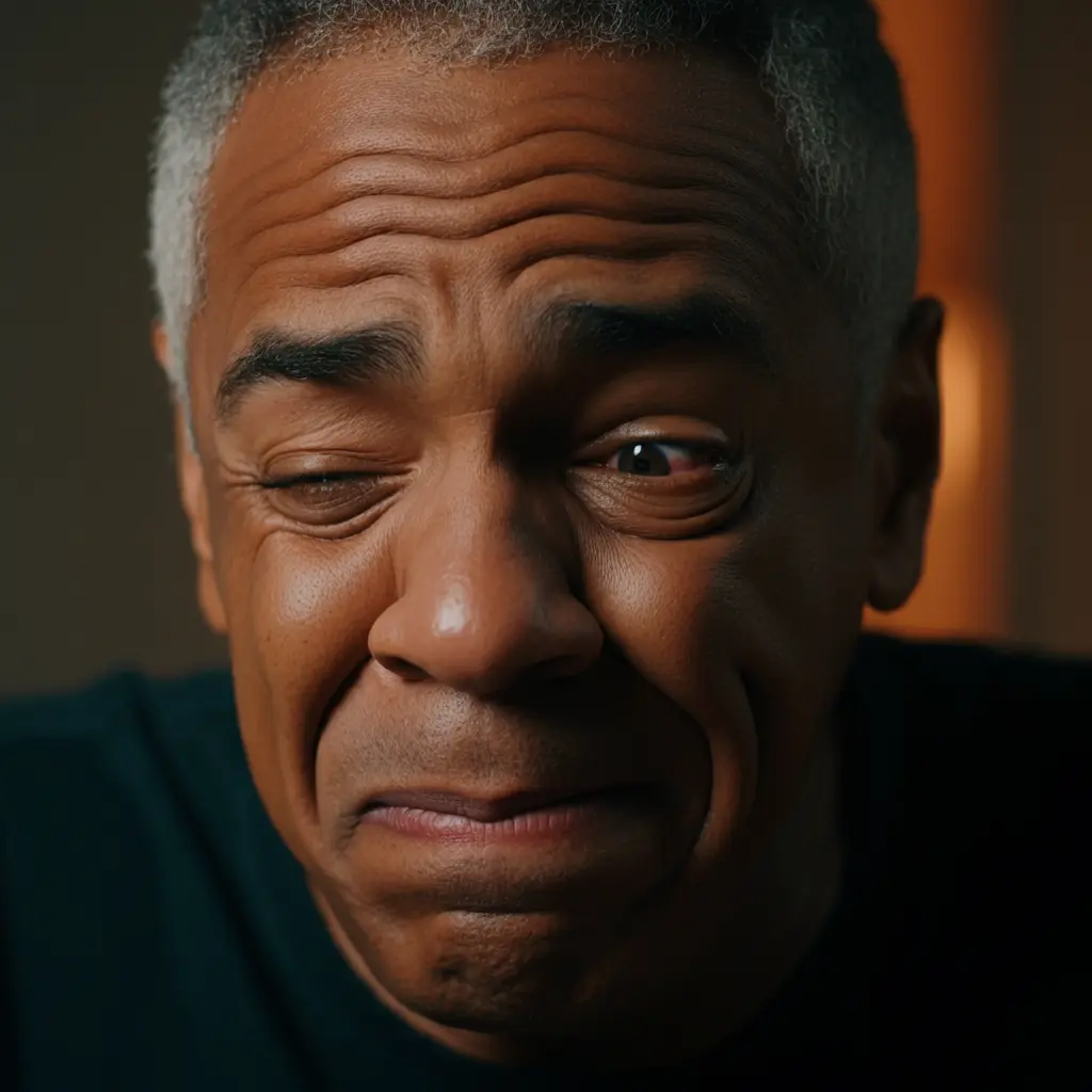 A person with short gray hair squints and twists their face in a humorous or confused expression, perhaps pondering what to do next, while wearing a dark shirt. The blurred background keeps the focus on the suspect's animated facial features.