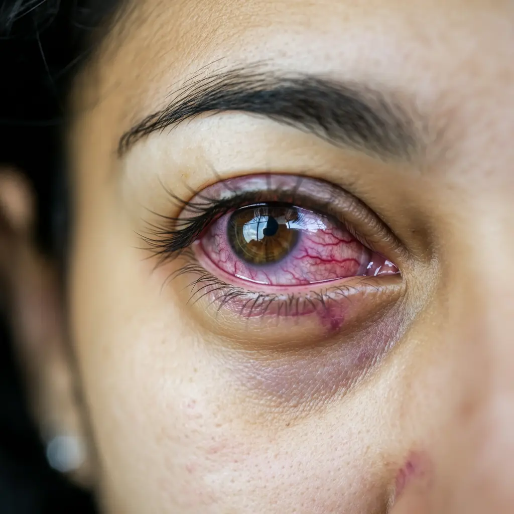 Primer plano del ojo de una persona con conjuntivitis. El ojo está rojo e inyectado en sangre, con irritación e hinchazón visibles. Las pestañas son oscuras y el tono de la piel es cálido. La imagen se centra en el ojo y la zona circundante.