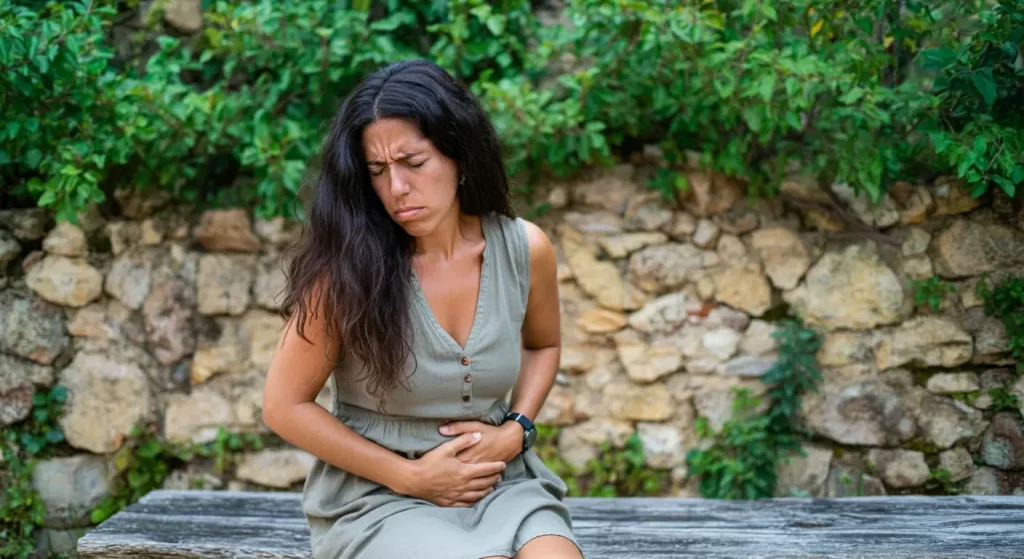 A woman in a green dress sits on a wooden bench outdoors, clutching her stomach and appearing to be in discomfort. A stone wall with green foliage is in the background.