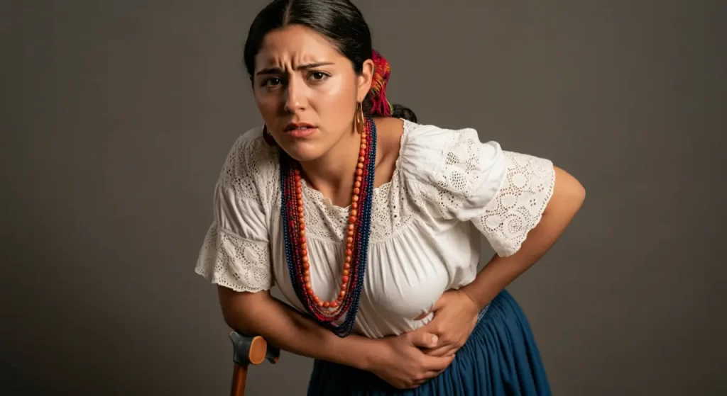 A woman in traditional clothing clutches her stomach with a pained expression. She wears a white blouse with lace sleeves, a blue skirt, and multiple colorful beaded necklaces. Her hair is tied back with a red accessory. The background is gray.