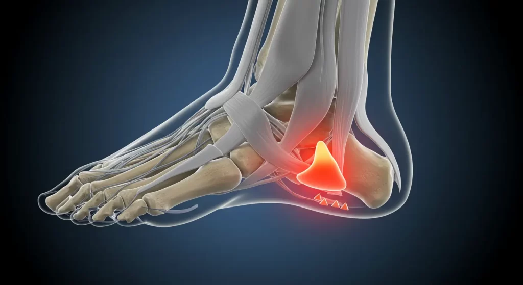 Ilustración anatómica de un pie que muestra huesos, tendones y ligamentos. La imagen resalta el área del talón en rojo, lo que indica inflamación o lesión. La superposición semitransparente revela la estructura interna contra un fondo oscuro.