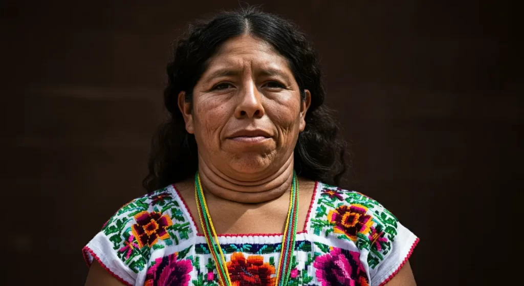 A woman with long dark hair stands against a dark background, wearing a colorful traditional garment adorned with floral patterns and beads. She gazes directly at the camera with a calm expression.