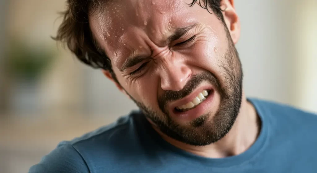 A man with a beard and disheveled hair winces in pain, sweating profusely. He is wearing a blue shirt and appears to be experiencing discomfort, possibly due to a headache or illness. The background is blurred.