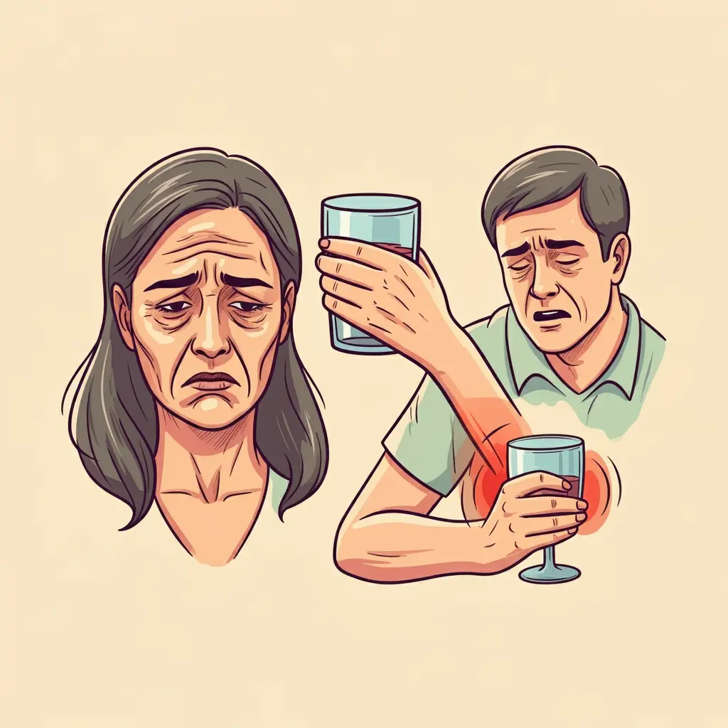 Ilustración de una mujer mayor con aspecto triste y un hombre mayor que siente dolor en el hombro mientras sostiene un vaso de agua. La mano del hombre está resaltada en rojo para indicar malestar.