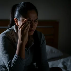 Una mujer está sentada en una cama en una habitación con poca luz, se sostiene la cabeza con la mano y parece estar incómoda o sumida en profundos pensamientos. Lleva un suéter gris y el fondo está borroso, mostrando una cama y almohadas.