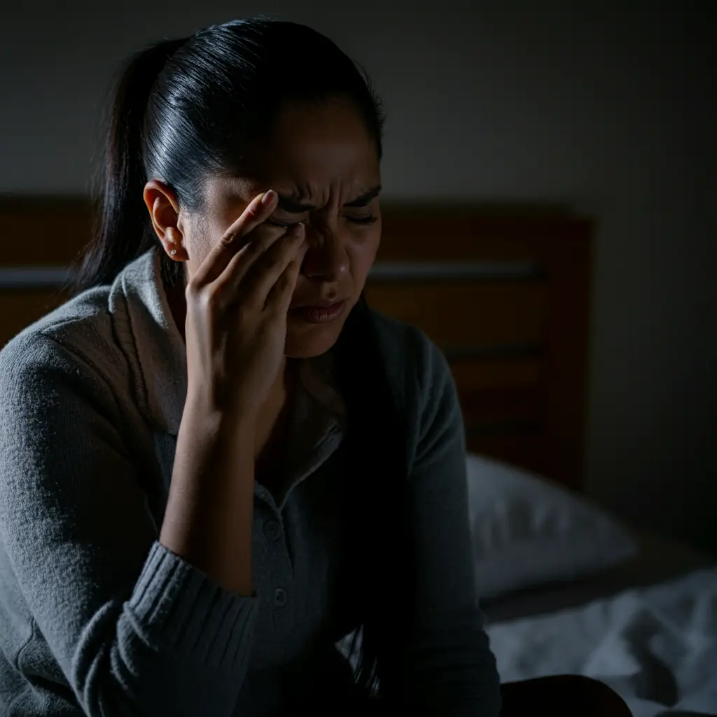 In a dimly lit room, a person sits on a bed wearing a gray sweater, their hair tied back. With one hand on their temple and eyes closed in pain, they embody the challenge of trying to identify headaches from subtle signs of discomfort.