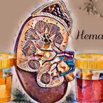 Ilustración de riñones con muestras de orina. Una muestra es amarilla y la otra roja, lo que indica hematuria. La palabra "hematuria" se muestra de forma destacada en el lado derecho, lo que sugiere síntomas como disuria.