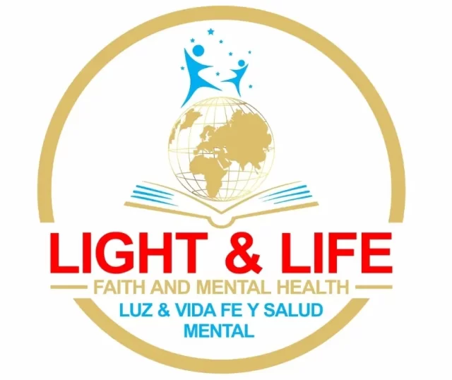 Logo with a globe embedded in an open book. Two abstract figures, one blue and one teal, stand atop the globe. Text below reads "Luz y Vida, Faith and Mental Health." Encircled by gold, it beautifully conveys themes of light and life.