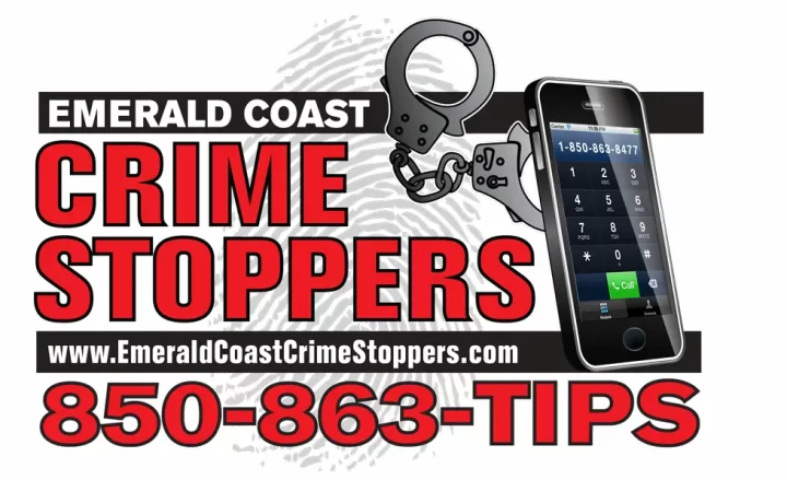 A logo for Emerald Coast Crime Stoppers prominently features a phone dialing 850-863-TIPS, alongside handcuffs and a fingerprint in the background. Visit www.EmeraldCoastCrimeStoppers.com to learn how you can help make a difference.