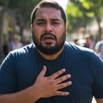 A man in a blue t-shirt, showing heart disease signs with a concerned expression, holds his chest while standing on a sunlit street with blurred pedestrians in the background.