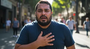 A man in a blue t-shirt, showing heart disease signs with a concerned expression, holds his chest while standing on a sunlit street with blurred pedestrians in the background.