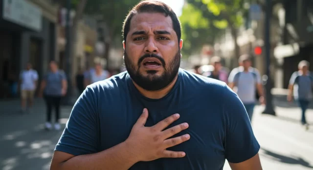 Un hombre con barba y expresión preocupada se sostiene el pecho, posiblemente experimentando signos y síntomas de la enfermedad cardíaca. Vestido con una camisa azul, se encuentra de pie en una calle concurrida bajo la luz del día, donde los árboles y los edificios bordean las calles y la gente pasa.