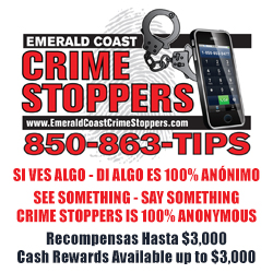 Flyer for Emerald Coast Crimestoppers showcasing handcuffs, a smartphone, and a fingerprint. Includes phrases "See Something - Say Something," "100% Anonymous," and offers cash rewards up to $3,000. Call 850-863-TIPS.