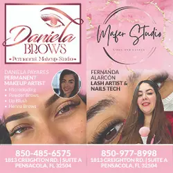 A promotional flyer divided into two sections. The left features a "Permanent Makeup Studio" with images of eyes and brows. The right highlights a "Lash Artist & Nails Tech" with an image of a woman holding a nail polish brush. Contact info included.