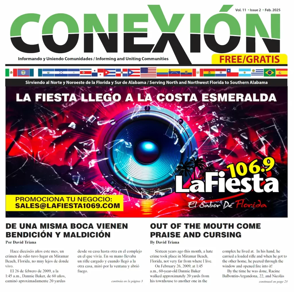 Bilingual magazine cover titled "Conexión" with a vibrant design and a speaker image. February 2025 edition features "La Fiesta" radio station. Articles by David Triana include "De Una Misma Boca Vienen Bendición y Maldición" and "Out of the Mouth Come Praise and Cursing.