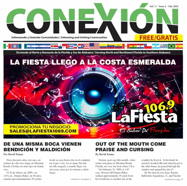 Bilingual magazine cover titled "Conexión" with a vibrant design and a speaker image. February 2025 edition features "La Fiesta" radio station. Articles by David Triana include "De Una Misma Boca Vienen Bendición y Maldición" and "Out of the Mouth Come Praise and Cursing.