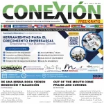 Folleto bilingüe de "Conexión", que presenta detalles del seminario educativo para el crecimiento empresarial. Incluye fecha (febrero de 2025), ubicación y logotipos de varias organizaciones. Son visibles los artículos titulados "De Una Misma Boca Vienen Bendición y Maldición".