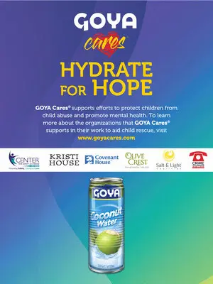 Póster de Goya Cares: Hydrate for Hope que presenta una lata de agua de coco Goya. Destaca el apoyo a la prevención del abuso infantil y la salud mental. Los logotipos de los socios incluyen Center for Child Counseling, Kristi House y más. Visite goyacares.com para obtener más detalles.