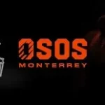 Casco de fútbol negro con el logo "O" estilizado en color naranja a la izquierda. Letras en negrita "OSOS MONTERREY" en color naranja en el centro. A la derecha, un oso rugiendo en tonos sombríos. Fondo negro.