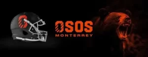 Casco de fútbol negro con el logo "O" estilizado en color naranja a la izquierda. Letras en negrita "OSOS MONTERREY" en color naranja en el centro. A la derecha, un oso rugiendo en tonos sombríos. Fondo negro.