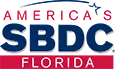 Logotipo con una combinación de colores rojo y azul. El texto "Florida SBDC" es prominente, con "SBDC" en letras azules en negrita y "Florida" en rojo. Un arco rojo corre sobre el texto.