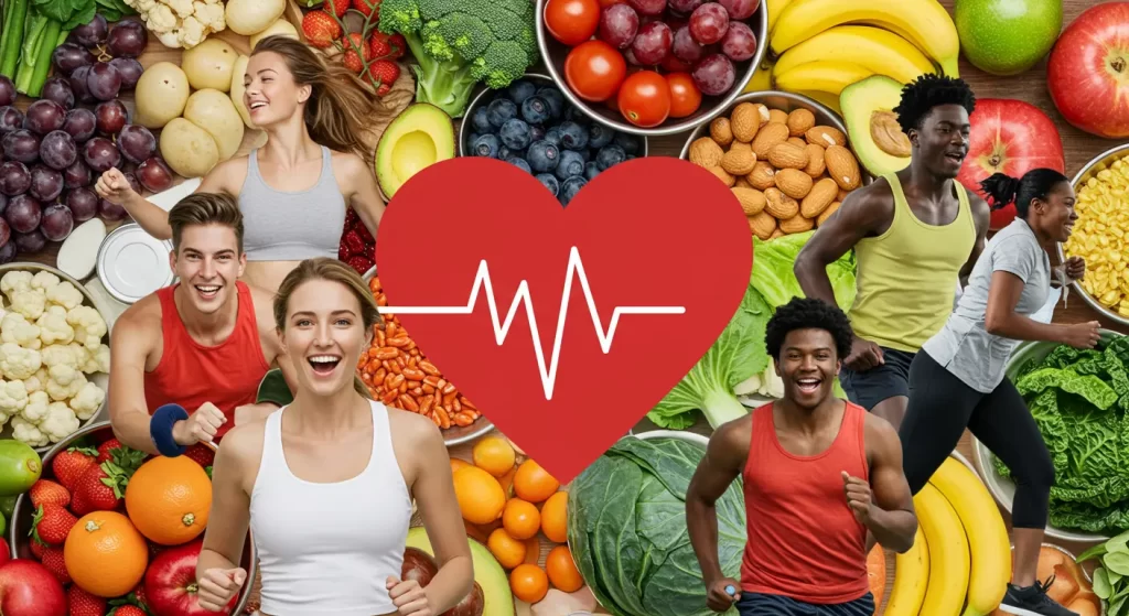 Collage con forma de corazón y una línea de electrocardiograma en el centro, rodeado de personas corriendo y sonriendo. El fondo muestra varias frutas y verduras, como plátanos, manzanas, arándanos, brócoli y zanahorias.