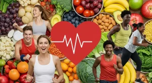 Collage con forma de corazón y una línea de electrocardiograma en el centro, rodeado de personas corriendo y sonriendo. El fondo muestra varias frutas y verduras, como plátanos, manzanas, arándanos, brócoli y zanahorias.