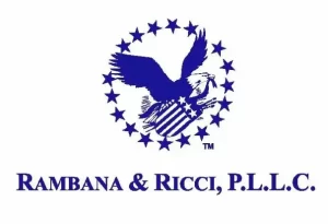 Logotipo de Rambana & Ricci, P.L.L.C. que muestra un águila que sostiene un escudo con estrellas y rayas, rodeado de estrellas. El texto "Rambana & Ricci, P.L.L.C." aparece debajo en azul.
