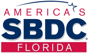 Logo of America's SBDC Florida, featuring the text "America's" in red with a blue swoosh above, "SBDC" in large blue font, and "Florida" in white on a red background below.
